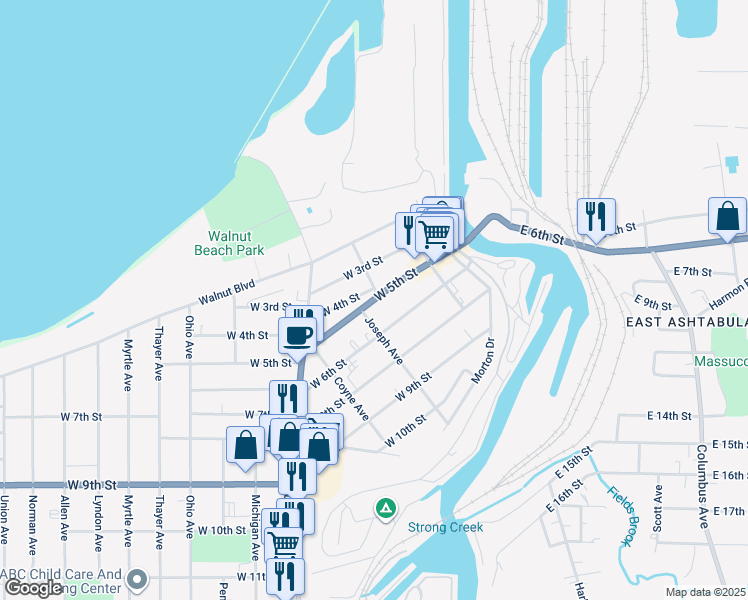 map of restaurants, bars, coffee shops, grocery stores, and more near 1326 W 5th St in Ashtabula