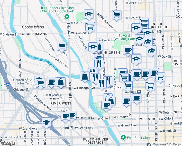 map of restaurants, bars, coffee shops, grocery stores, and more near 848 North Larrabee Street in Chicago