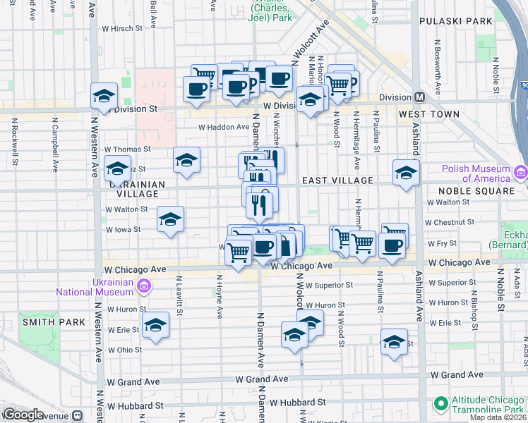 map of restaurants, bars, coffee shops, grocery stores, and more near 921 North Damen Avenue in Chicago