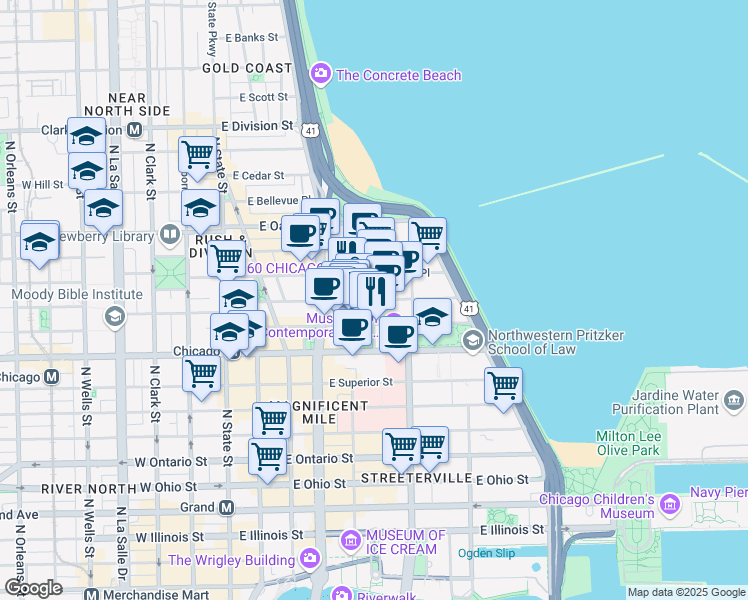 map of restaurants, bars, coffee shops, grocery stores, and more near 199 East Chestnut Street in Chicago