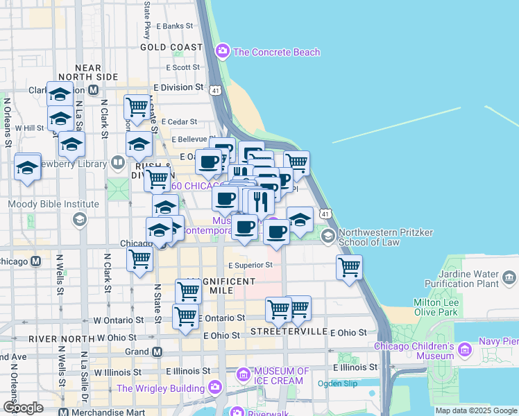 map of restaurants, bars, coffee shops, grocery stores, and more near 198 East Chestnut Street in Chicago