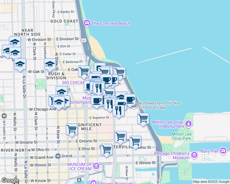 map of restaurants, bars, coffee shops, grocery stores, and more near E Chestnut St & N Dewitt Pl in Chicago