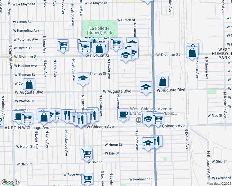 map of restaurants, bars, coffee shops, grocery stores, and more near 954 North Lavergne Avenue in Chicago