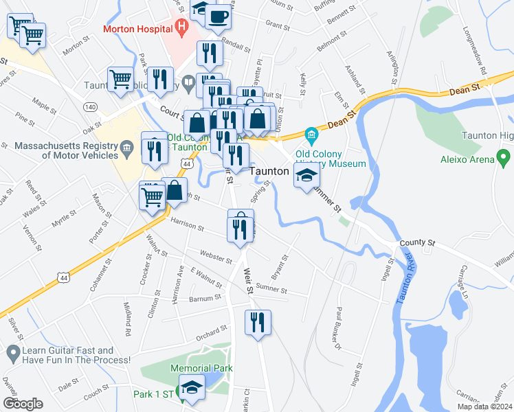 map of restaurants, bars, coffee shops, grocery stores, and more near 7 Spring Street in Taunton