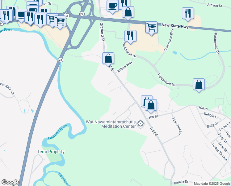 map of restaurants, bars, coffee shops, grocery stores, and more near 546 South Street East in Raynham