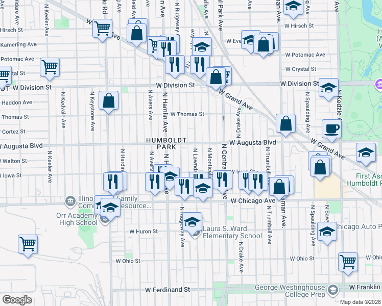map of restaurants, bars, coffee shops, grocery stores, and more near 923 North Lawndale Avenue in Chicago