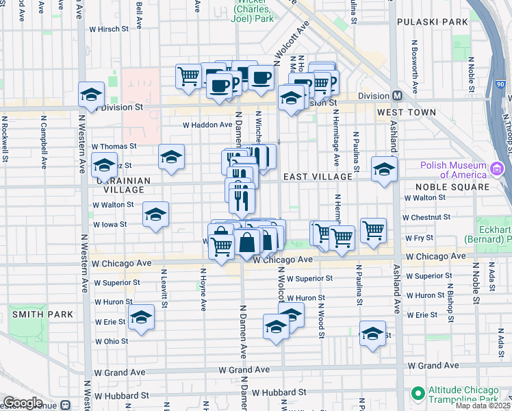 map of restaurants, bars, coffee shops, grocery stores, and more near 924 North Winchester Avenue in Chicago