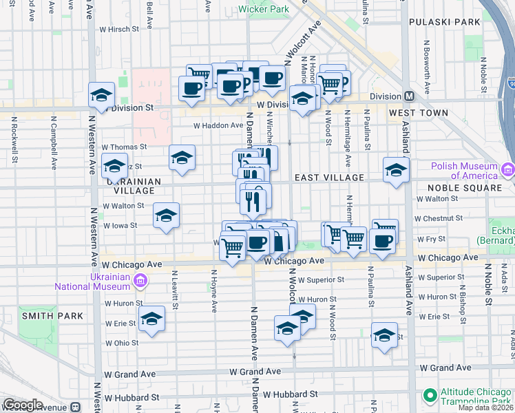 map of restaurants, bars, coffee shops, grocery stores, and more near 1955 West Iowa Street in Chicago