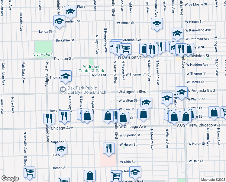 map of restaurants, bars, coffee shops, grocery stores, and more near 942 North Austin Boulevard in Oak Park