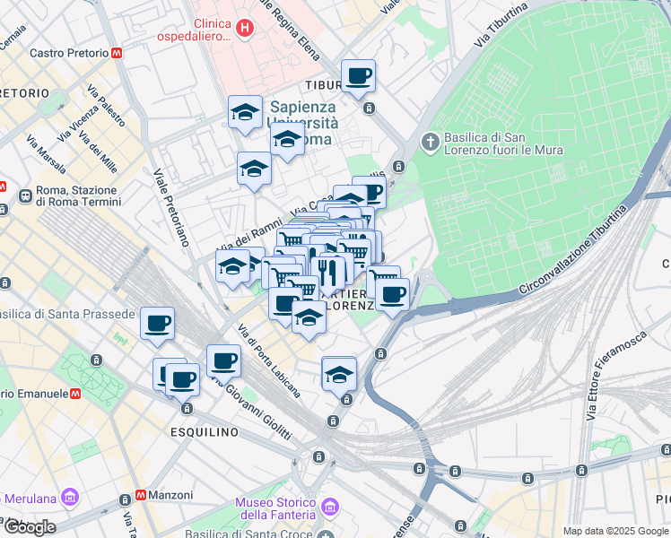 map of restaurants, bars, coffee shops, grocery stores, and more near 35 Via dei Sardi in Roma