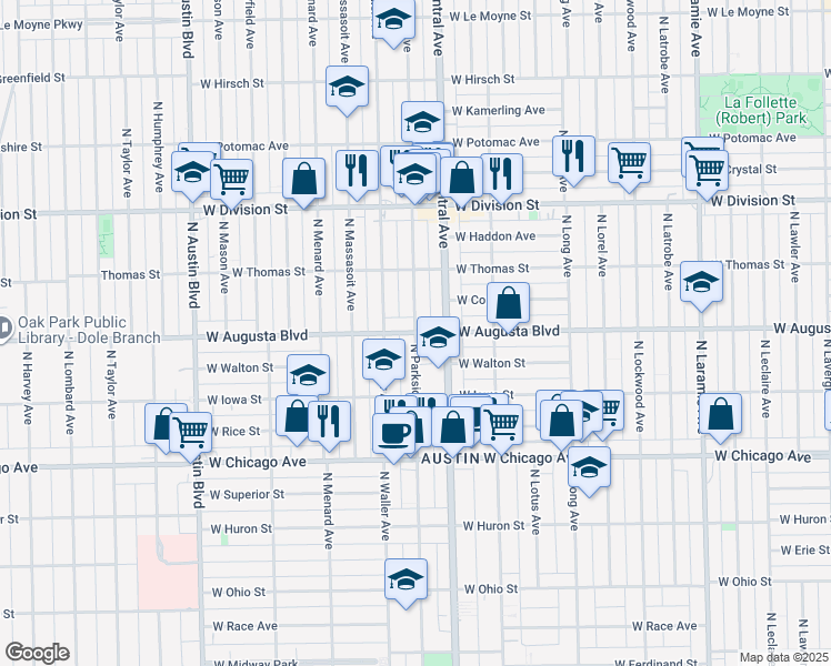 map of restaurants, bars, coffee shops, grocery stores, and more near 1000 North Parkside Avenue in Chicago