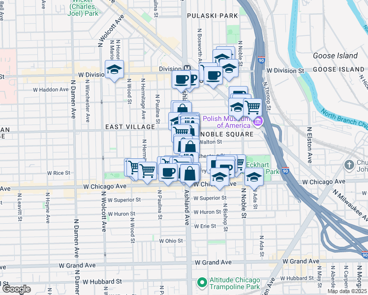 map of restaurants, bars, coffee shops, grocery stores, and more near in Chicago