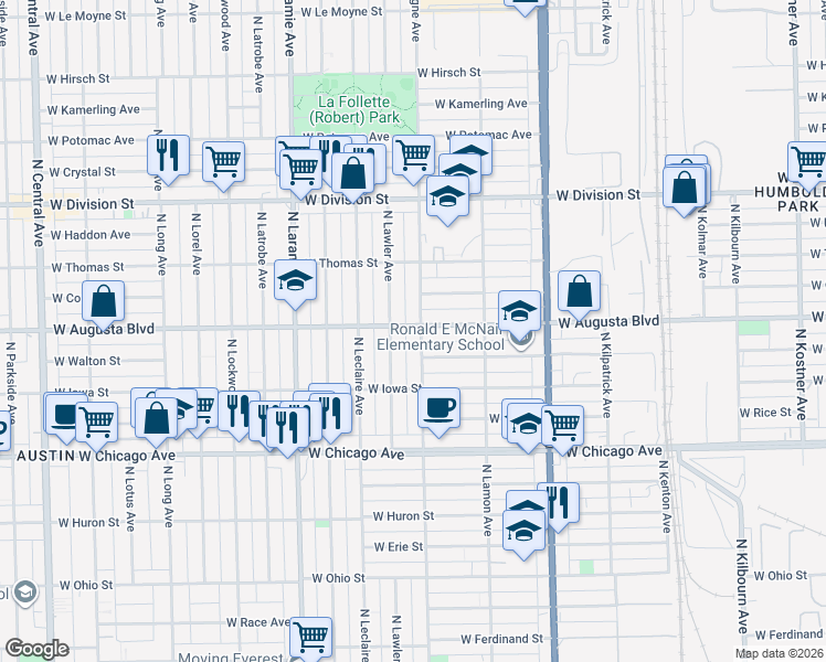 map of restaurants, bars, coffee shops, grocery stores, and more near 956 North Lavergne Avenue in Chicago