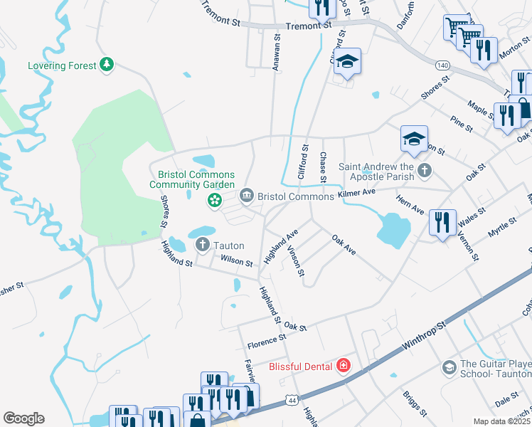 map of restaurants, bars, coffee shops, grocery stores, and more near 11 Grove Avenue in Taunton