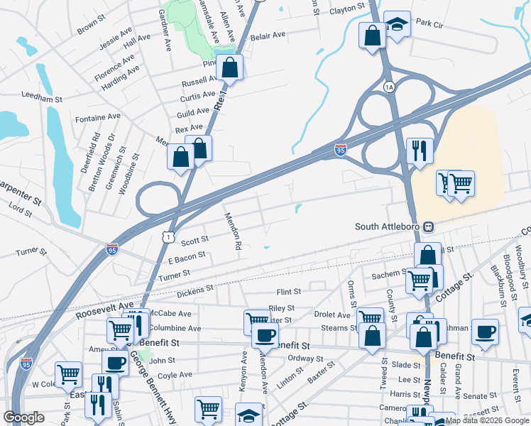 map of restaurants, bars, coffee shops, grocery stores, and more near 128 Scott Street in Attleboro