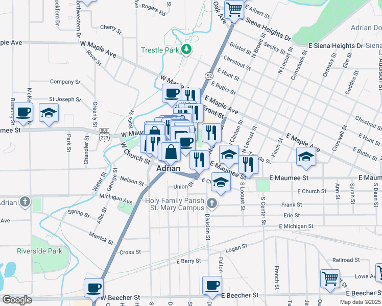map of restaurants, bars, coffee shops, grocery stores, and more near 130 East Maumee Street in Adrian