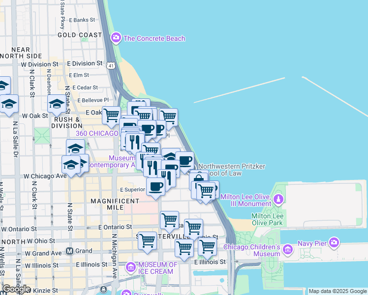 map of restaurants, bars, coffee shops, grocery stores, and more near 808 North Lake Shore Drive in Chicago