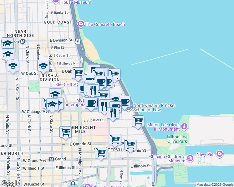 map of restaurants, bars, coffee shops, grocery stores, and more near 275 East Chestnut Street in Chicago