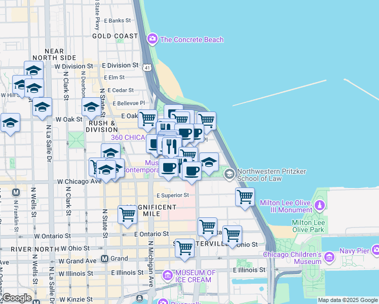 map of restaurants, bars, coffee shops, grocery stores, and more near 222 East Pearson Street in Chicago