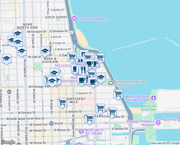 map of restaurants, bars, coffee shops, grocery stores, and more near 222 East Pearson Street in Chicago