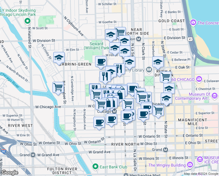 map of restaurants, bars, coffee shops, grocery stores, and more near 300 West Chestnut Street in Chicago