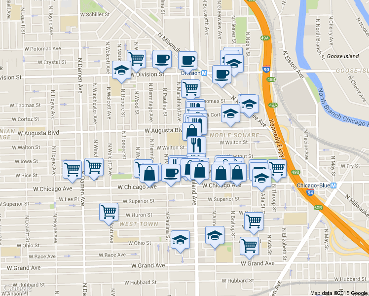map of restaurants, bars, coffee shops, grocery stores, and more near 902 North Ashland Avenue in Chicago