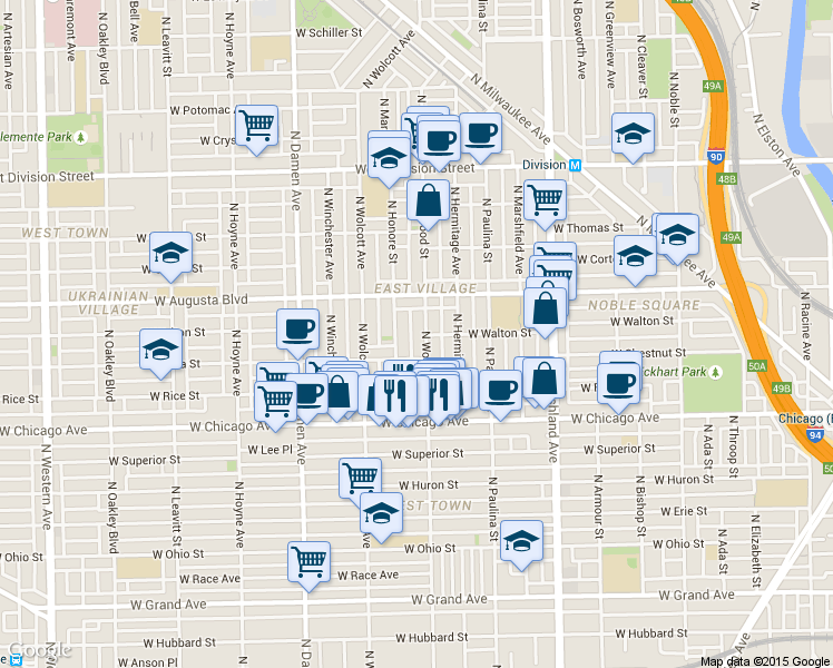 map of restaurants, bars, coffee shops, grocery stores, and more near 903 North Wood Street in Chicago