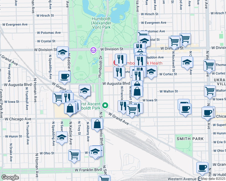 map of restaurants, bars, coffee shops, grocery stores, and more near 880 North Richmond Street in Chicago