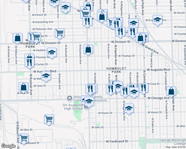 map of restaurants, bars, coffee shops, grocery stores, and more near 911 North Pulaski Road in Chicago