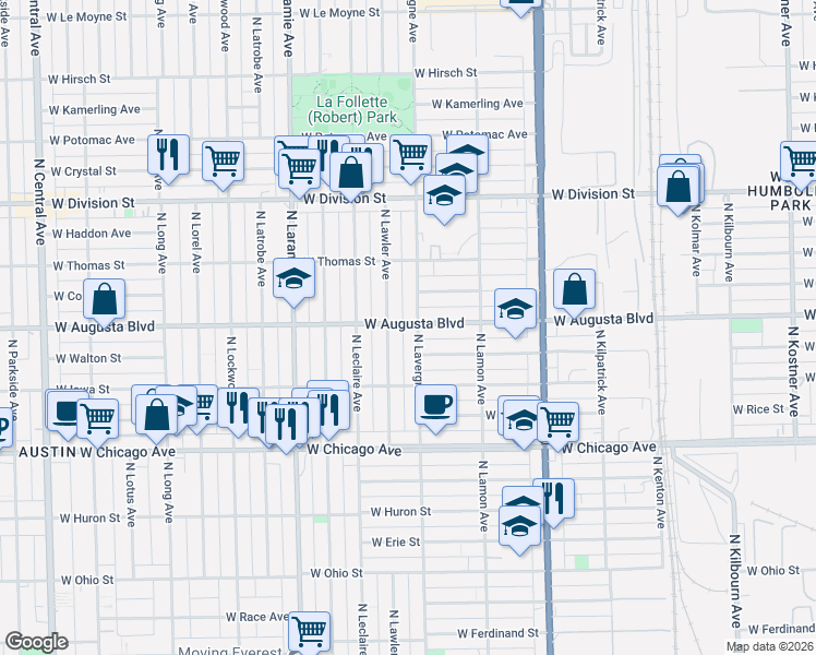 map of restaurants, bars, coffee shops, grocery stores, and more near 939 North Lawler Avenue in Chicago