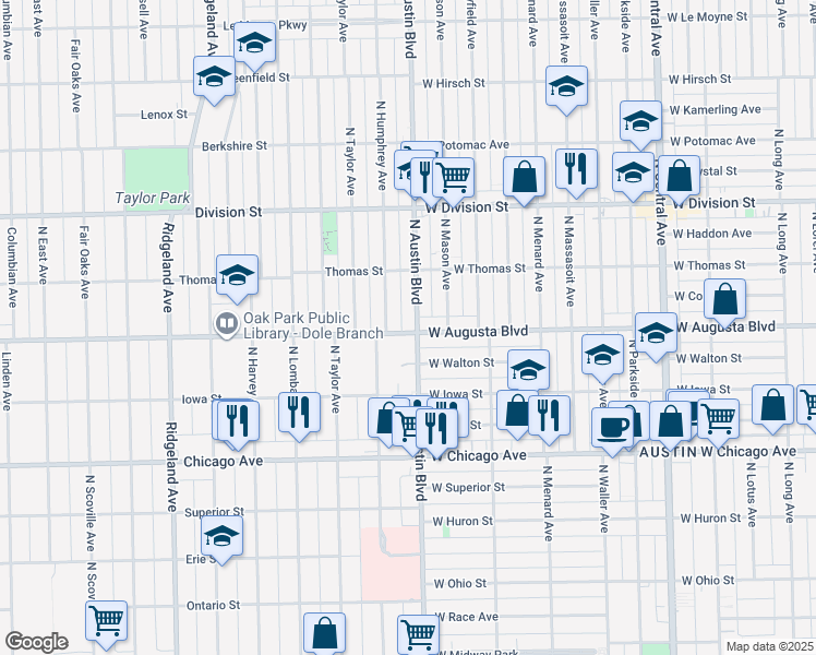 map of restaurants, bars, coffee shops, grocery stores, and more near 942 North Austin Boulevard in Oak Park