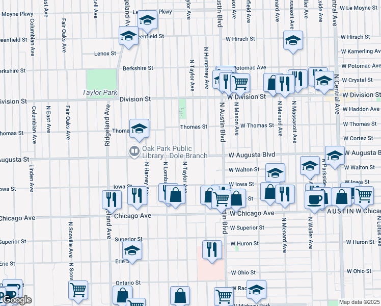 map of restaurants, bars, coffee shops, grocery stores, and more near 641 North Taylor Avenue in Oak Park