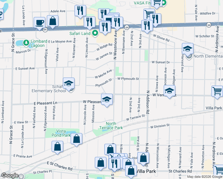 map of restaurants, bars, coffee shops, grocery stores, and more near 621 West Vermont Street in Villa Park