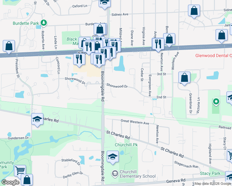 map of restaurants, bars, coffee shops, grocery stores, and more near 248 Robert Court in Glendale Heights
