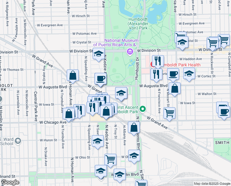 map of restaurants, bars, coffee shops, grocery stores, and more near 3126 West Walton Street in Chicago