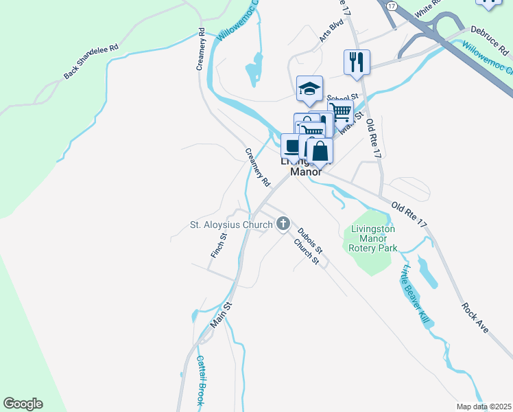map of restaurants, bars, coffee shops, grocery stores, and more near 5 Finch Street in Livingston Manor