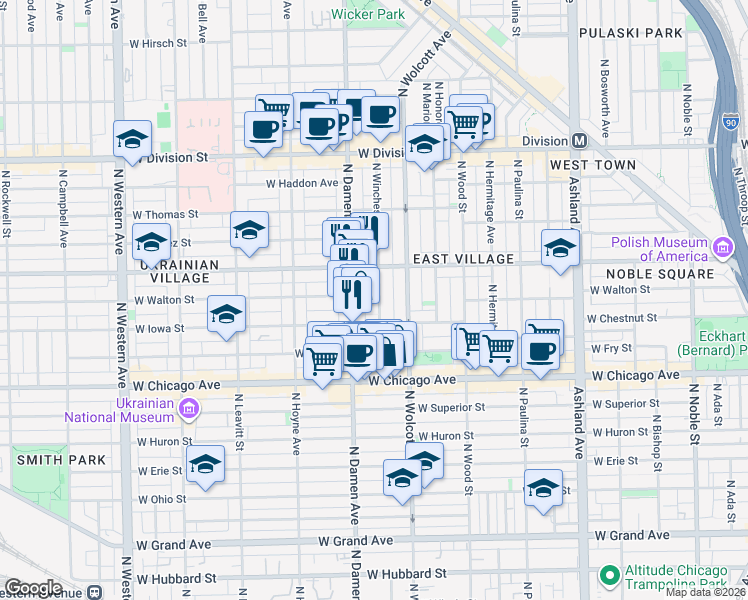 map of restaurants, bars, coffee shops, grocery stores, and more near 924 North Winchester Avenue in Chicago