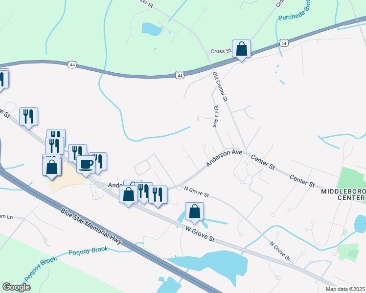 map of restaurants, bars, coffee shops, grocery stores, and more near 98 Adams Circle in Middleborough