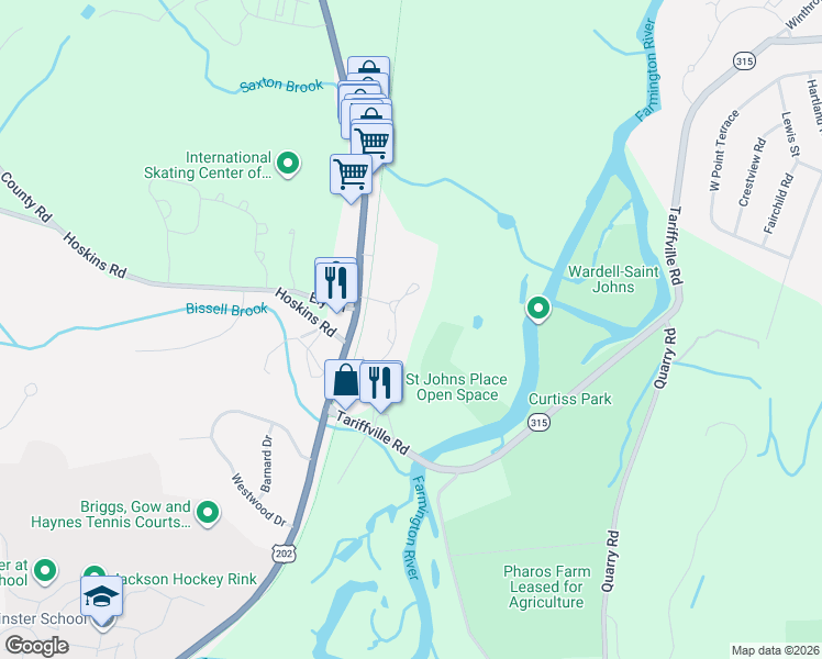 map of restaurants, bars, coffee shops, grocery stores, and more near 25 Simsbury Landing in Simsbury