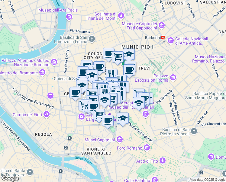 map of restaurants, bars, coffee shops, grocery stores, and more near 5 Piazza San Marcello in Roma