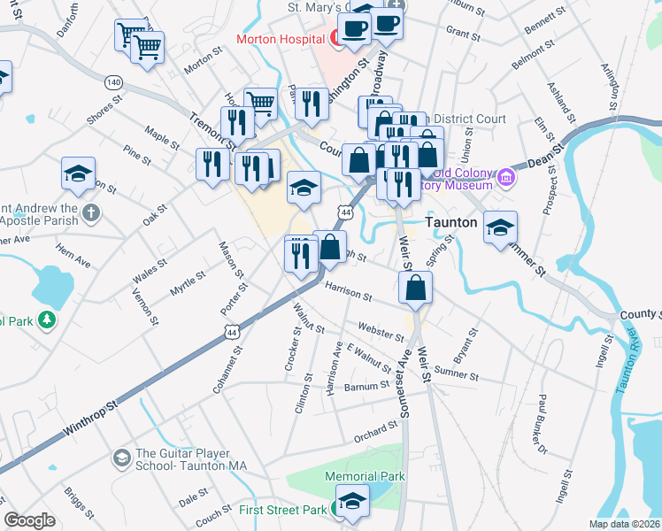 map of restaurants, bars, coffee shops, grocery stores, and more near 58 Winthrop Street in Taunton