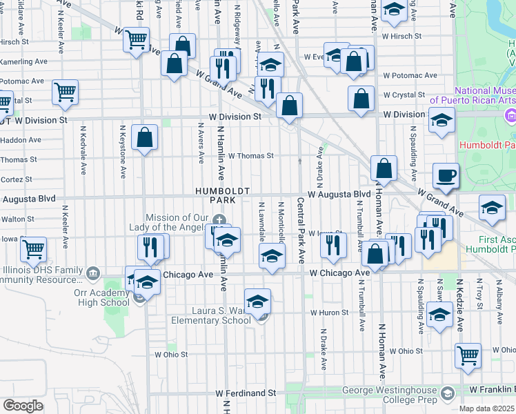 map of restaurants, bars, coffee shops, grocery stores, and more near 942 North Lawndale Avenue in Chicago