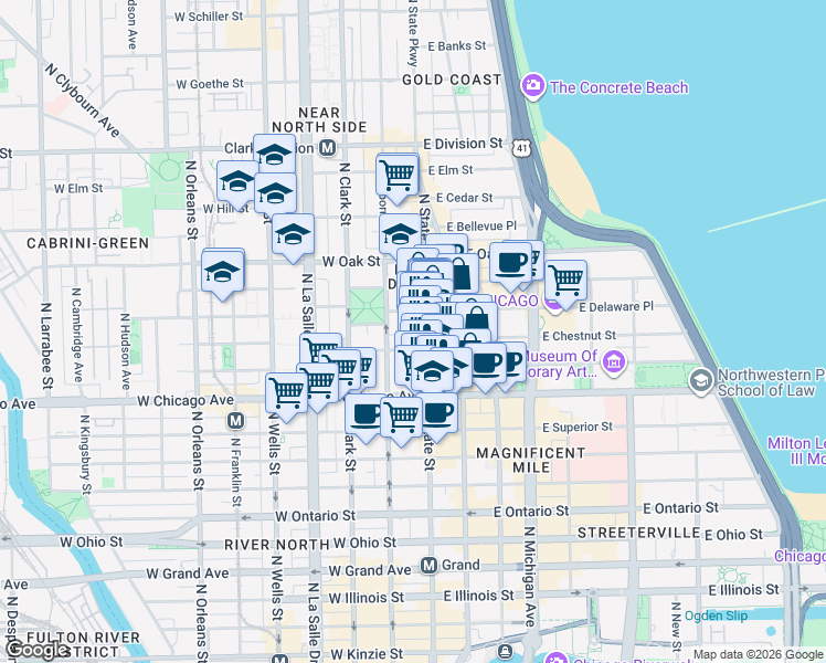 map of restaurants, bars, coffee shops, grocery stores, and more near 8 West Chestnut Street in Chicago