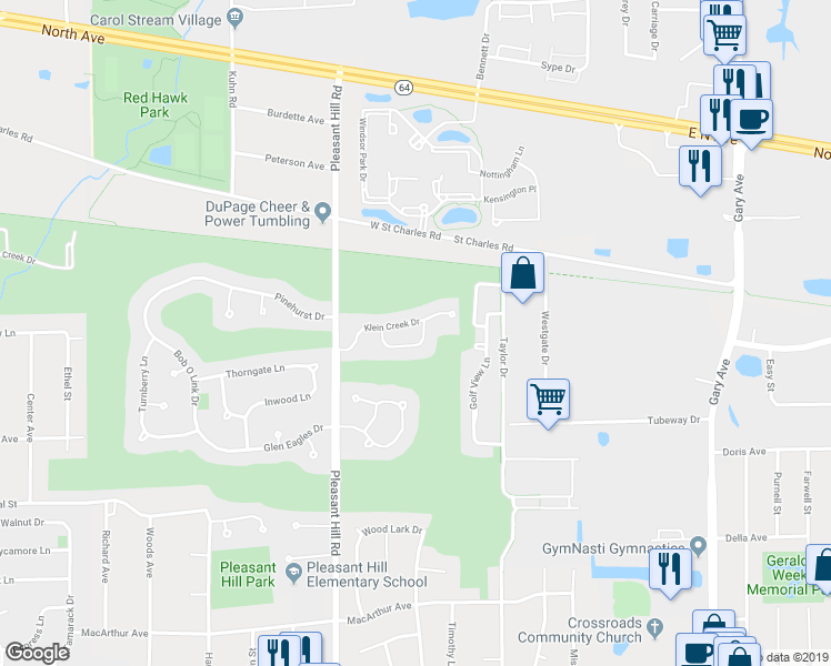 map of restaurants, bars, coffee shops, grocery stores, and more near 1N632 Augusta Court in Winfield
