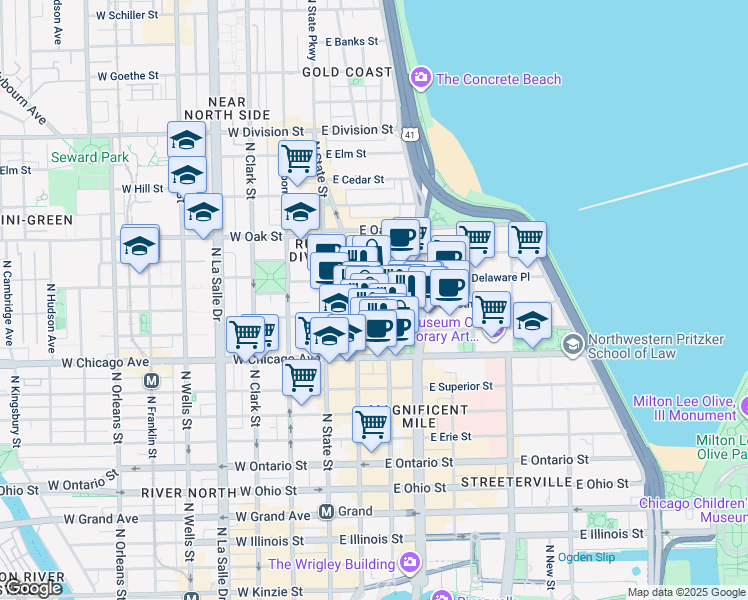 map of restaurants, bars, coffee shops, grocery stores, and more near 50 East Chestnut Street in Chicago