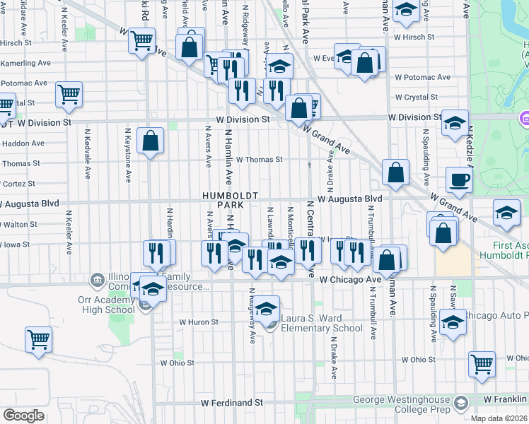 map of restaurants, bars, coffee shops, grocery stores, and more near 923 North Lawndale Avenue in Chicago