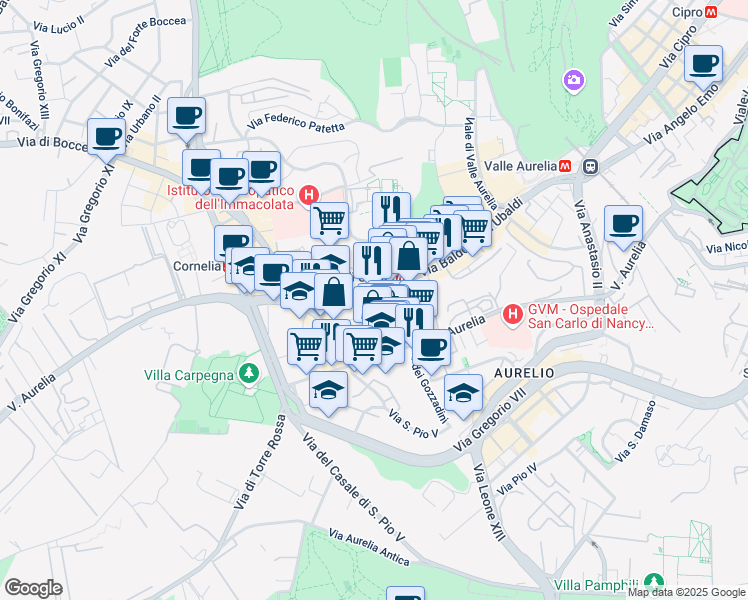 map of restaurants, bars, coffee shops, grocery stores, and more near 344 Via Aurelia in Rome
