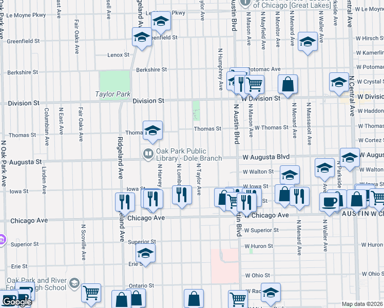 map of restaurants, bars, coffee shops, grocery stores, and more near 711 Hayes Avenue in Oak Park