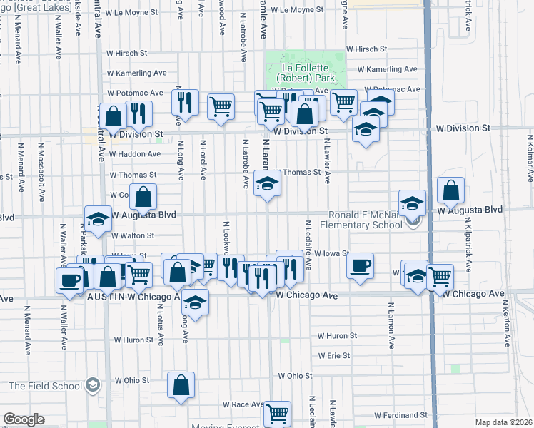 map of restaurants, bars, coffee shops, grocery stores, and more near North Laramie Avenue & West Augusta Boulevard in Chicago