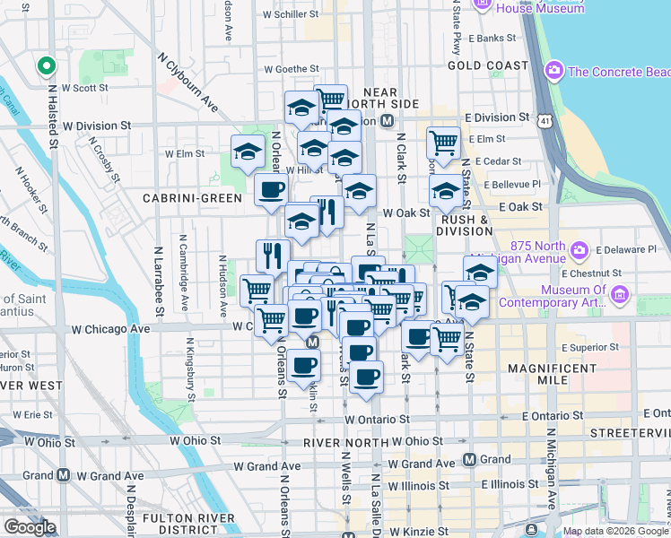 map of restaurants, bars, coffee shops, grocery stores, and more near 868 North Wells Street in Chicago